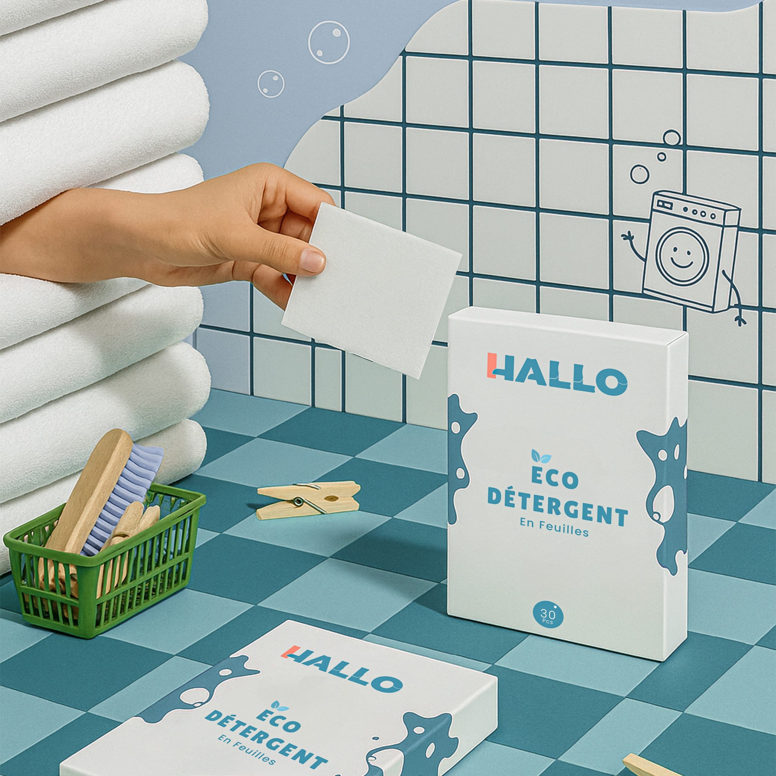 Umweltfreundliches Papierwaschmittel Hallo 